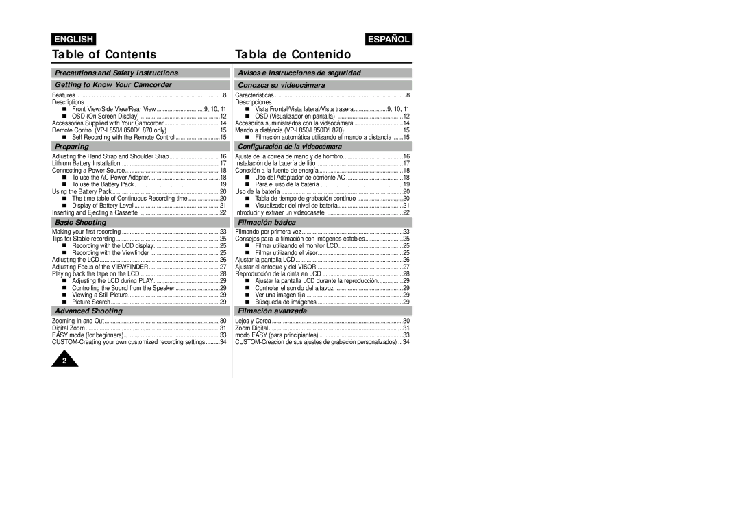 Samsung VP-L800/XEE manual Table of Contents Tabla de Contenido 