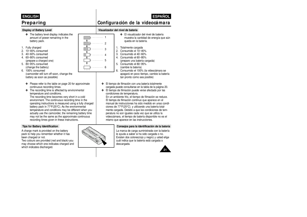 Samsung VP-L800/XEE manual Tips for Battery Identification, Consejos para la identificación de la batería 