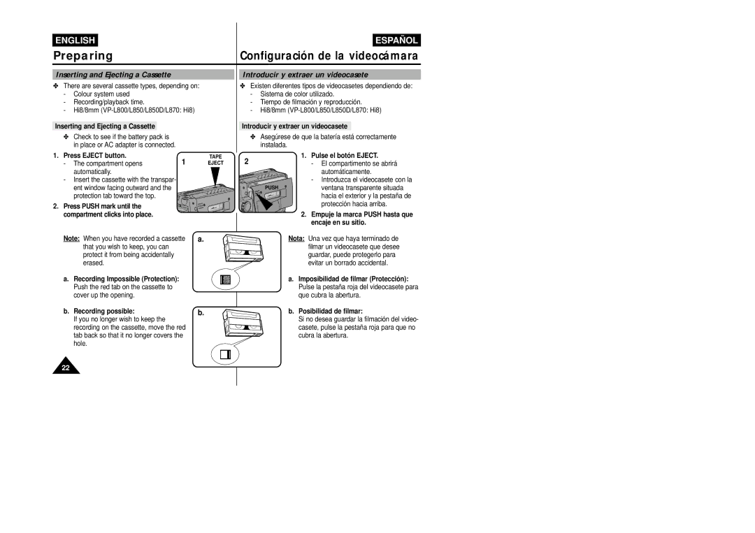 Samsung VP-L800/XEE manual Inserting and Ejecting a Cassette, Introducir y extraer un videocasete 