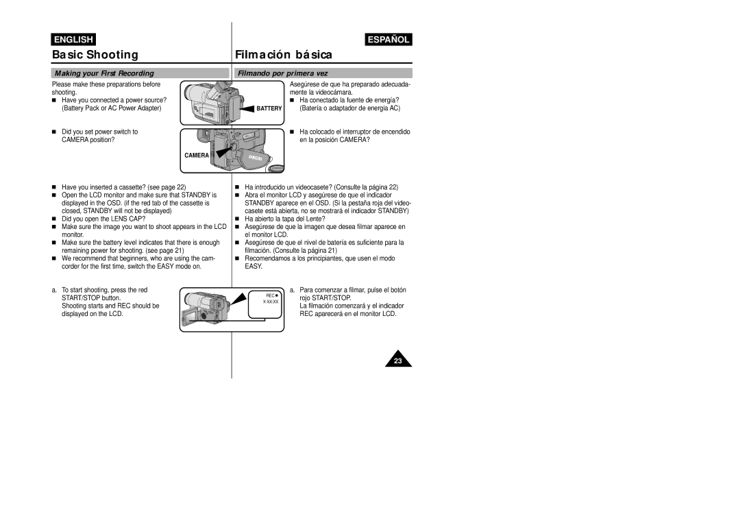 Samsung VP-L800/XEE manual Basic Shooting Filmación básica, Making your First Recording, Filmando por primera vez 