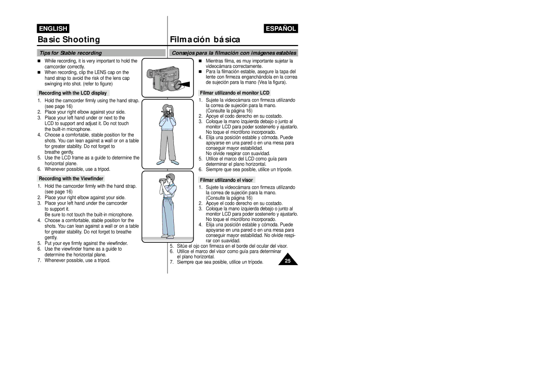 Samsung VP-L800/XEE manual Tips for Stable recording, Consejos para la filmación con imágenes estables 