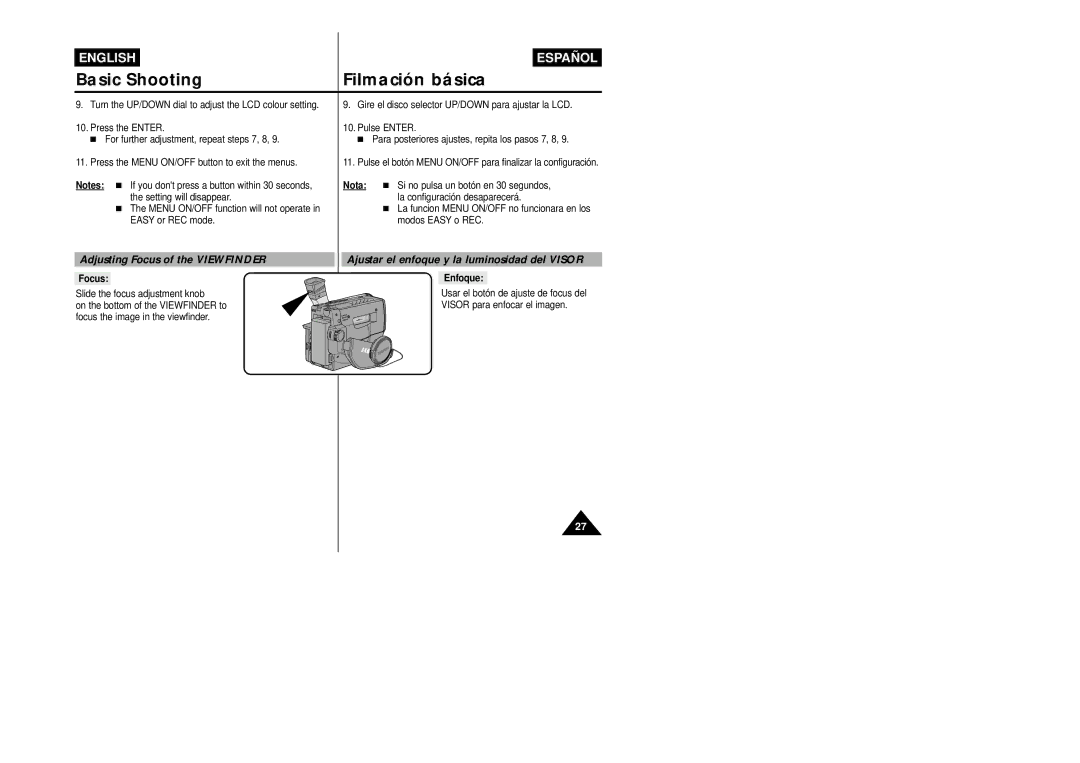 Samsung VP-L800/XEE manual Adjusting Focus of the Viewfinder, Ajustar el enfoque y la luminosidad del Visor, Nota, Enfoque 