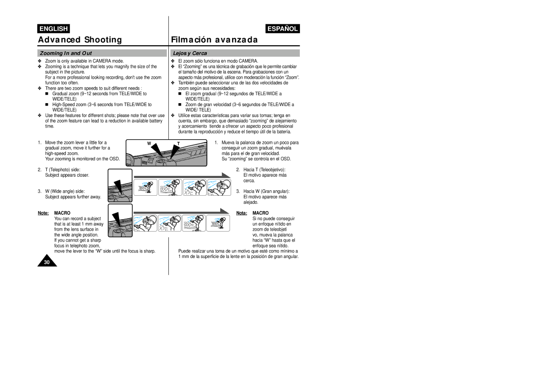 Samsung VP-L800/XEE manual Advanced Shooting Filmación avanzada, Zooming In and Out, Lejos y Cerca, Nota Macro 