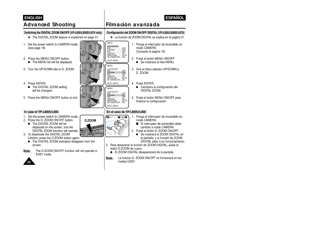 Samsung VP-L800/XEE Turn the UP/DOWN dial to D. Zoom, Pulse Enter Cambiara la configuración del, Case of VP-L800U/L800 