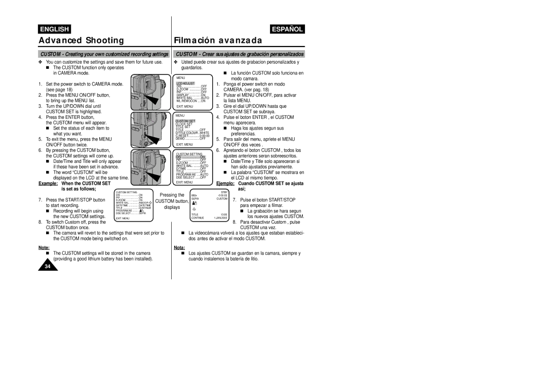 Samsung VP-L800/XEE manual Custom function only operates, Set the power switch to Camera mode. see 