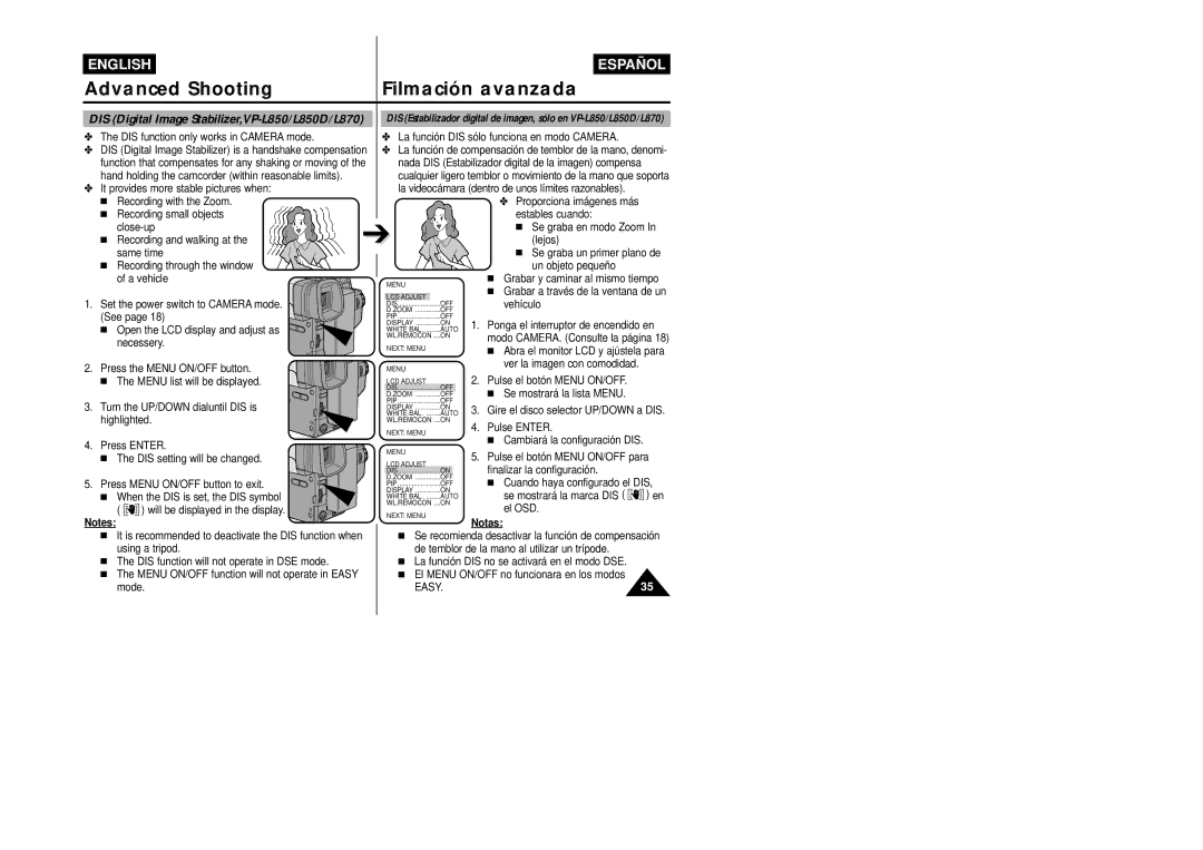 Samsung VP-L800/XEE manual Grabar y caminar al mismo tiempo, Set the power switch to Camera mode, Vehículo, See, Necessery 