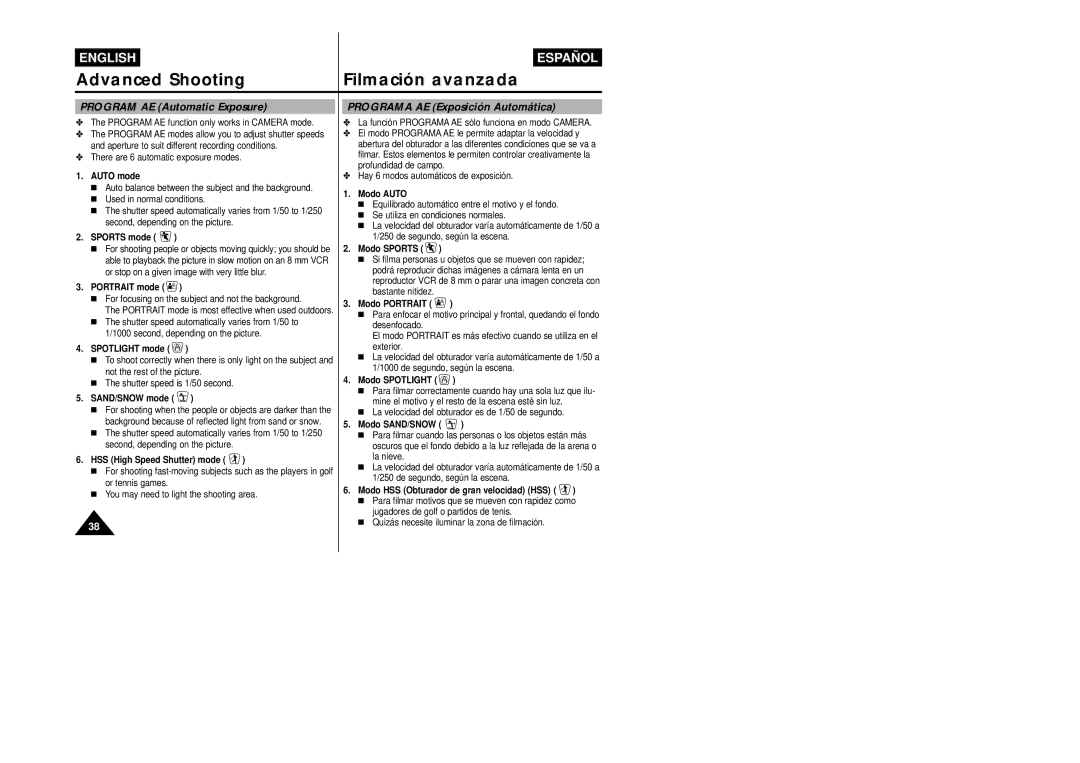 Samsung VP-L800/XEE manual Program AE Automatic Exposure, Programa AE Exposición Automática 