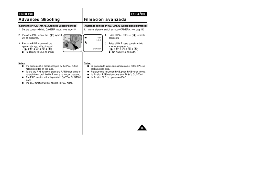 Samsung VP-L800/XEE Setting the Program AEAutomatic Exposure mode, Ajustando el modo Program AE Exposicion automatica 