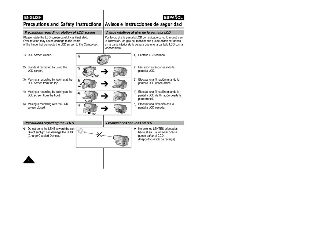 Samsung VP-L800/XEE manual Precautions regarding rotation of LCD screen, Precautions regarding the Lens 