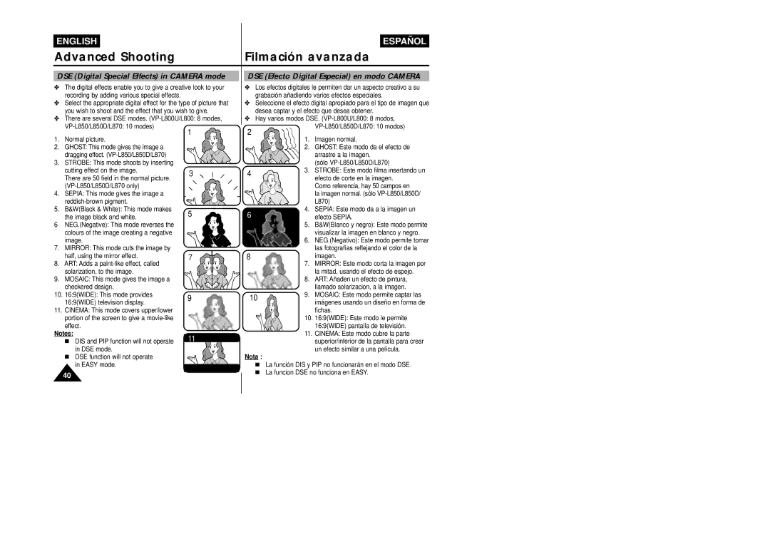 Samsung VP-L800/XEE manual DSE Digital Special Effects in Camera mode, DSE Efecto Digital Especial en modo Camera 