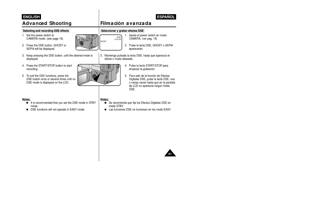 Samsung VP-L800/XEE Selecting and recording DSE effects, Seleccionar y grabar efectos DSE, Ajuste el power switch en modo 