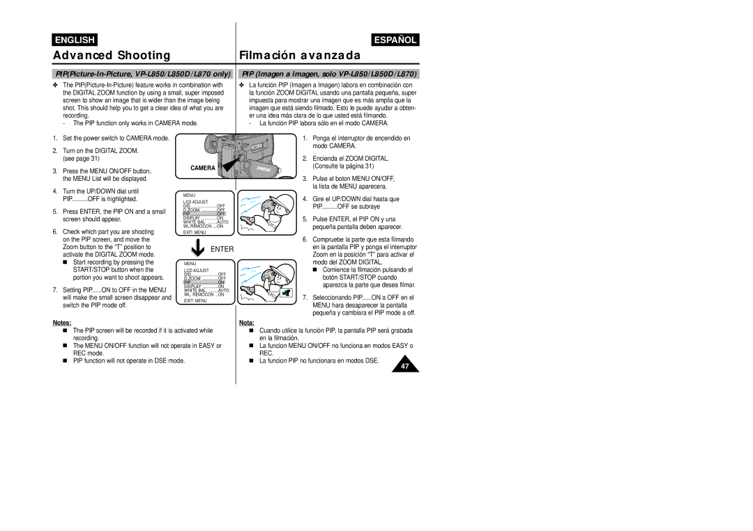 Samsung VP-L800/XEE manual PIP Imagen a Imagen, solo VP-L850/L850D/L870, Menu List will be displayed 