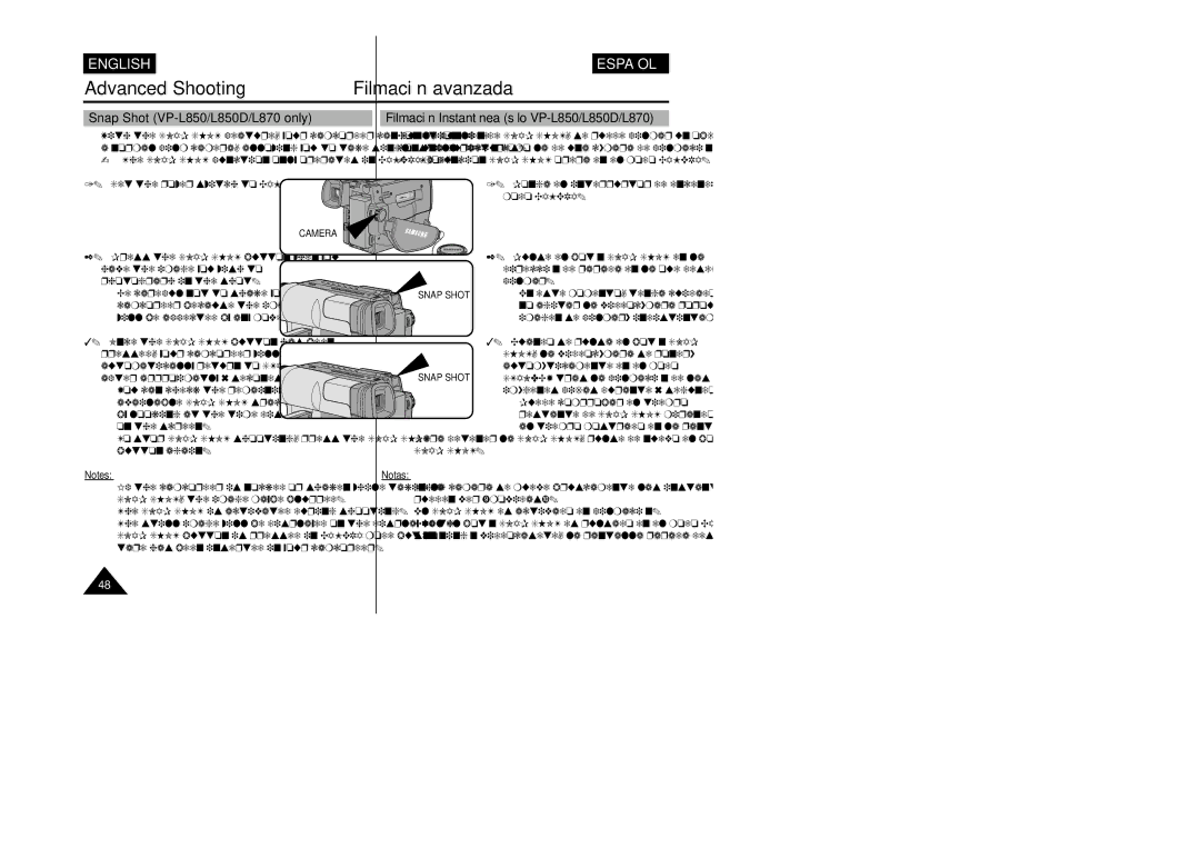 Samsung VP-L800/XEE manual Snap Shot VP-L850/L850D/L870 only, Filmación Instantánea sólo VP-L850/L850D/L870 