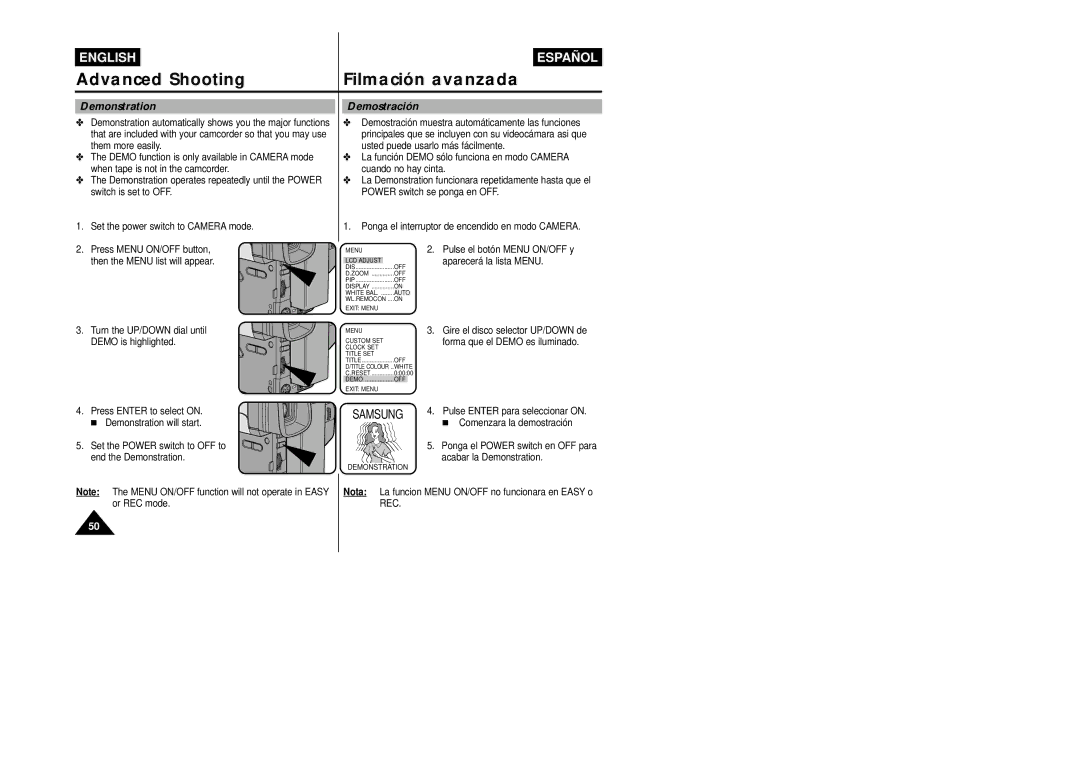 Samsung VP-L800/XEE manual Demonstration, Demostración, Turn the UP/DOWN dial until Demo is highlighted 