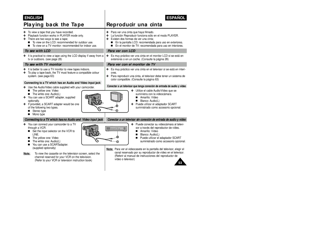 Samsung VP-L800/XEE manual Playing back the Tape Reproducir una cinta, To see with LCD, To see with TV monitor 