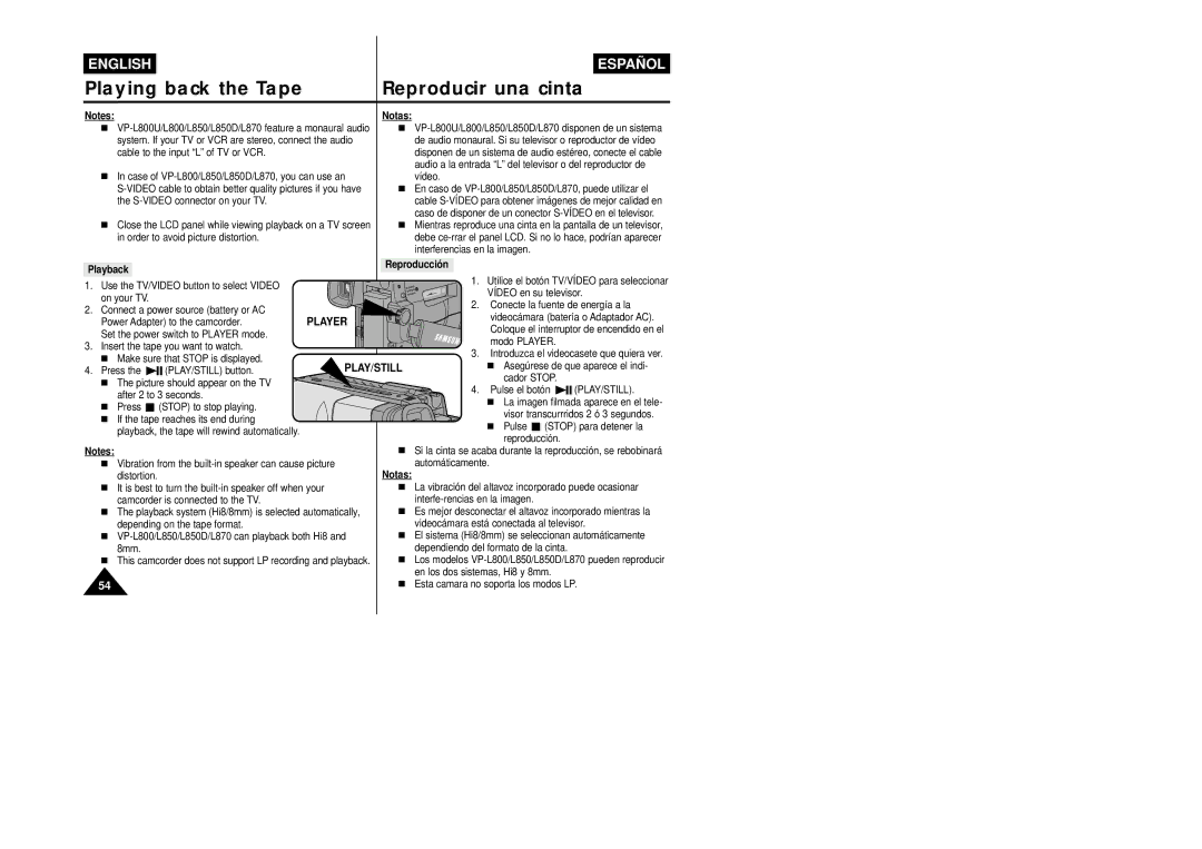 Samsung VP-L800/XEE manual Playback Reproducción, Videocámara batería o Adaptador AC, Power Adapter to the camcorder 