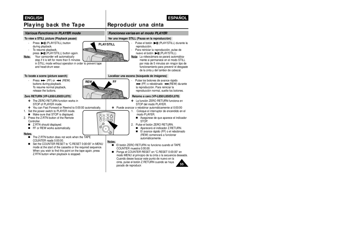 Samsung VP-L800/XEE manual To locate a scene picture search, Localizar una escena búsqueda de imágenes, FF o rebobinado 