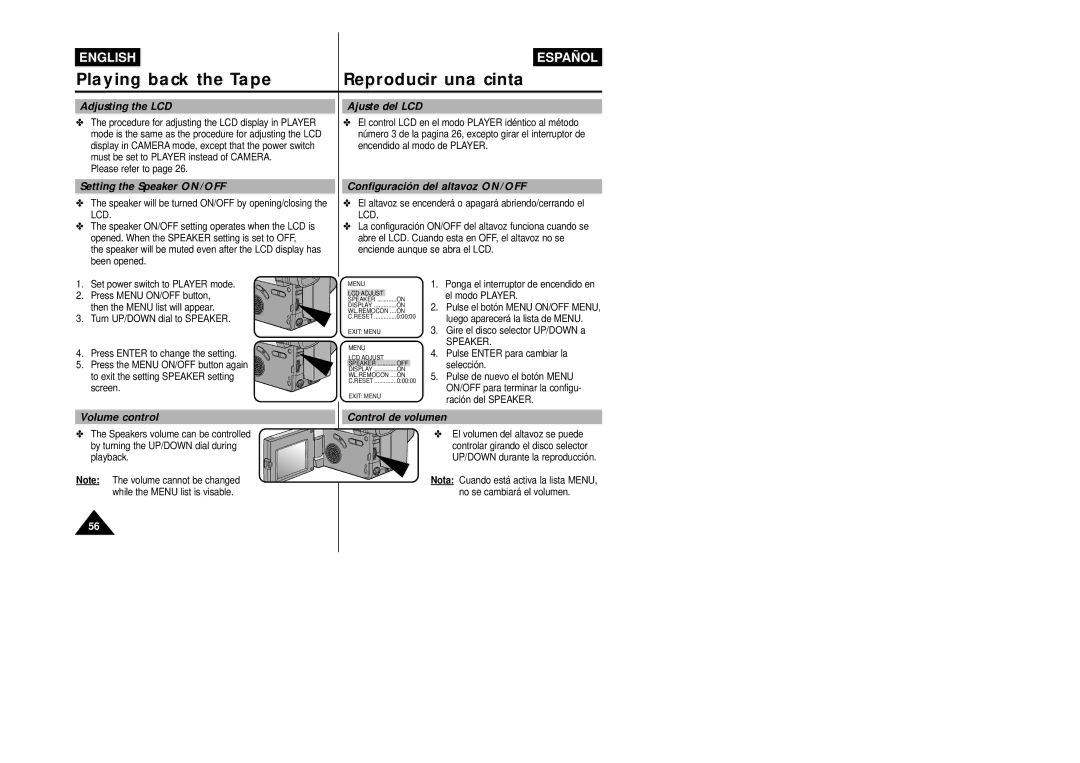 Samsung VP-L800/XEE manual Adjusting the LCD Ajuste del LCD, Setting the Speaker ON/OFF, Configuración del altavoz ON/OFF 