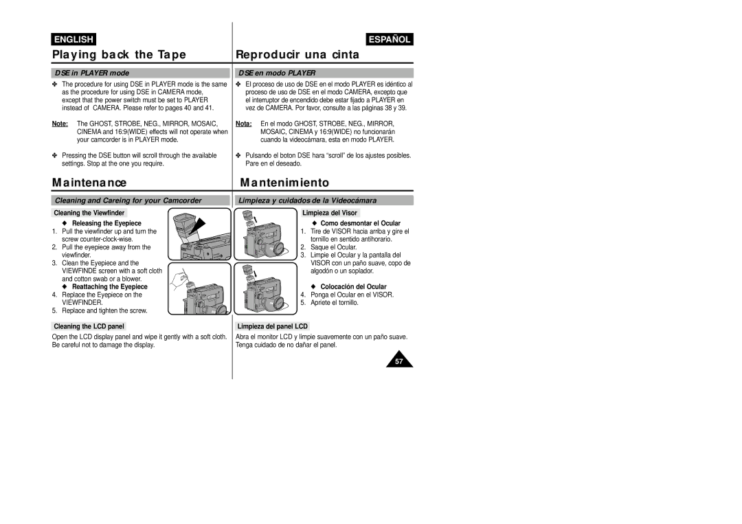 Samsung VP-L800/XEE MaintenanceMantenimiento, DSE in Player mode DSE en modo Player, Limpieza y cuidados de la Videocámara 