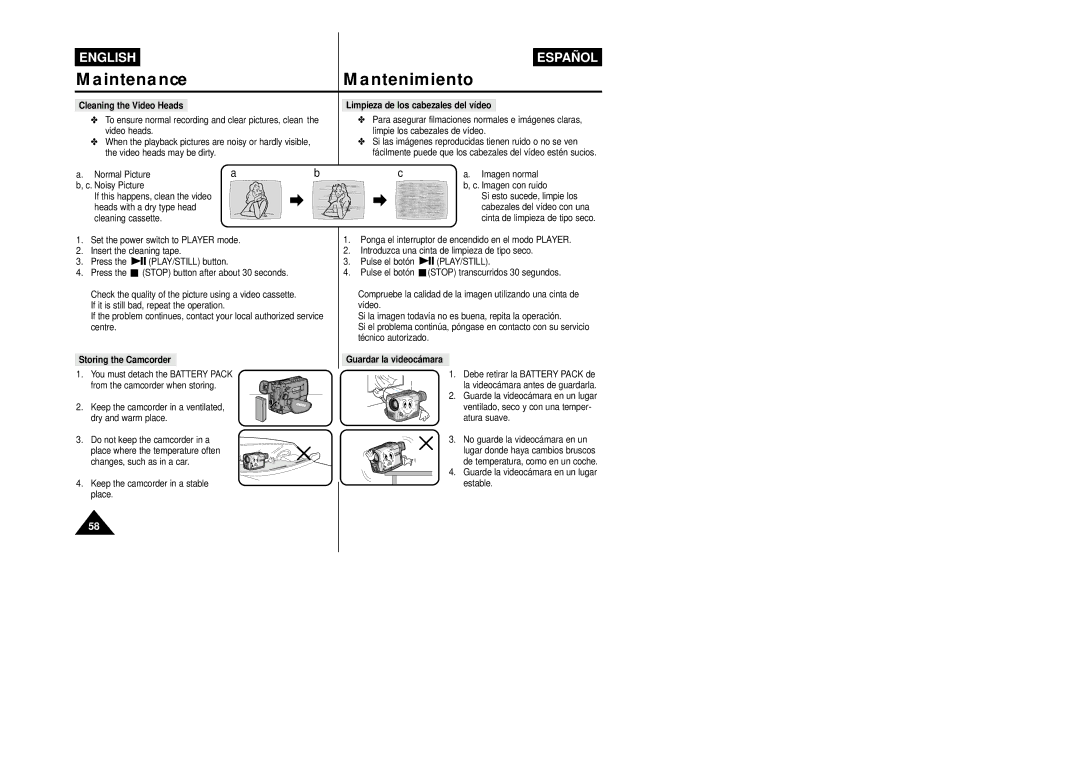 Samsung VP-L800/XEE manual Cleaning the Video Heads, Limpieza de los cabezales del vídeo, Imagen normal Imagen con ruido 