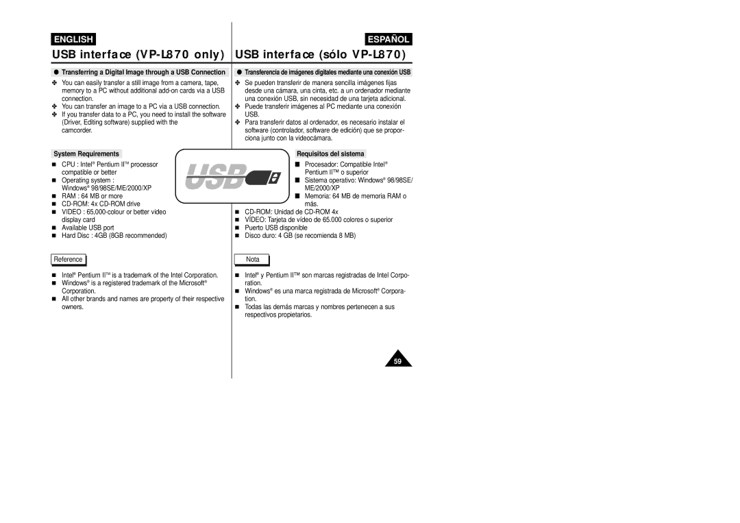 Samsung VP-L800/XEE manual USB interface VP-L870 only USB interface sólo VP-L870, System Requirements 