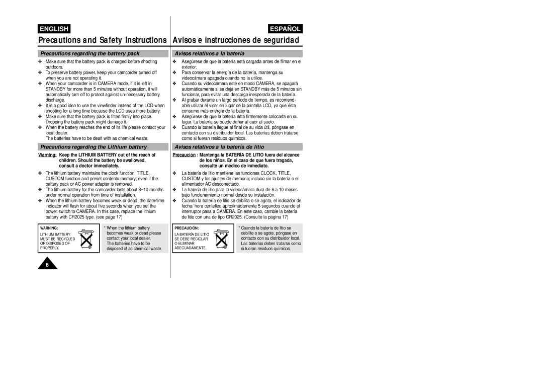 Samsung VP-L800/XEE manual Precautions regarding the battery pack, Avisos relativos a la batería 