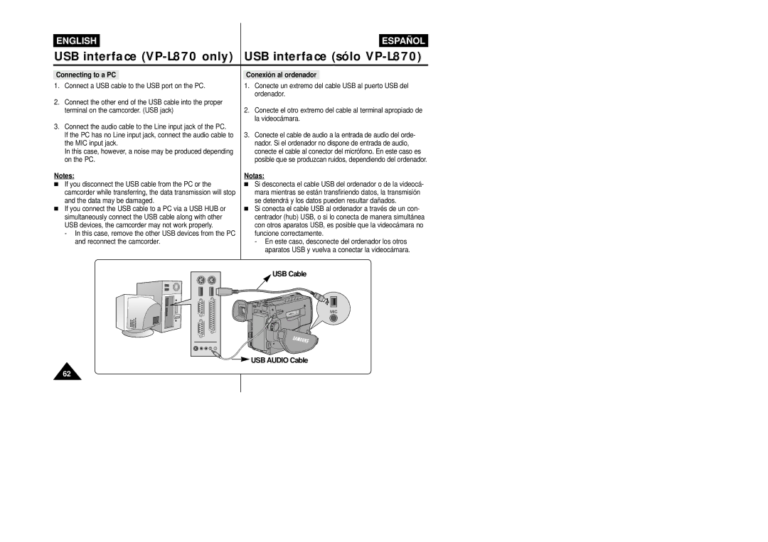 Samsung VP-L800/XEE USB interface VP-L870 only, USB interface sólo VP-L870, Connecting to a PC, Conexión al ordenador 