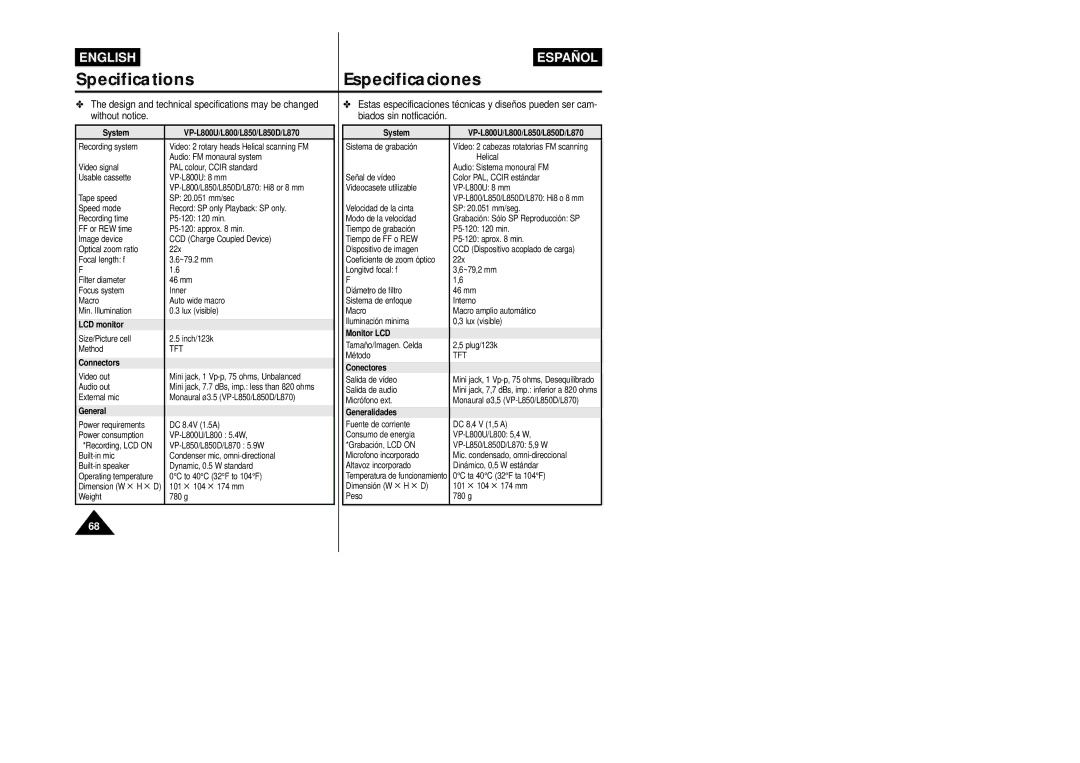 Samsung VP-L800/XEE manual SpecificationsEspecificaciones, System VP-L800U/L800/L850/L850D/L870 