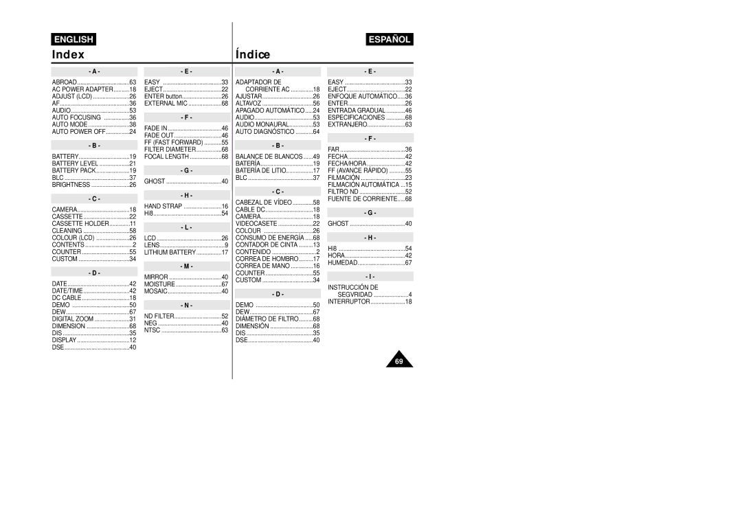 Samsung VP-L800/XEE manual IndexÍndice, Adaptador DE 