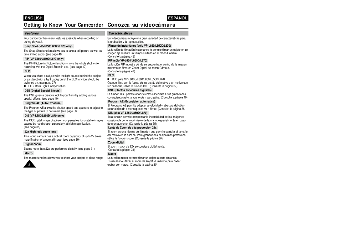 Samsung VP-L800/XEE manual Features, Características 