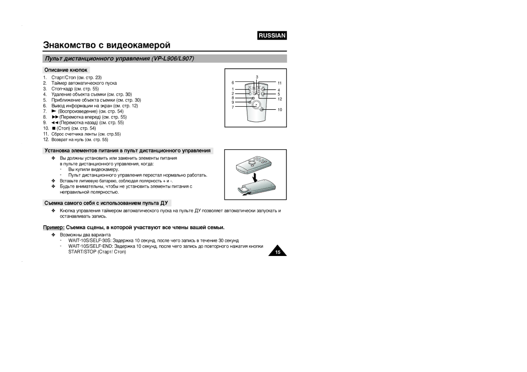 Samsung VP-L905D/XEV manual ÈÛÎ¸Ú ‰ËÒÚ‡ÌˆËÓÌÌÓ„Ó ÛÔ‡‚ÎÂÌËﬂ VP-L906/L907, ÉÔËÒ‡ÌËÂ Íìóôóí, ˚ Íûôëîë ‚Ë‰ÂÓÍ‡ÏÂÛ 