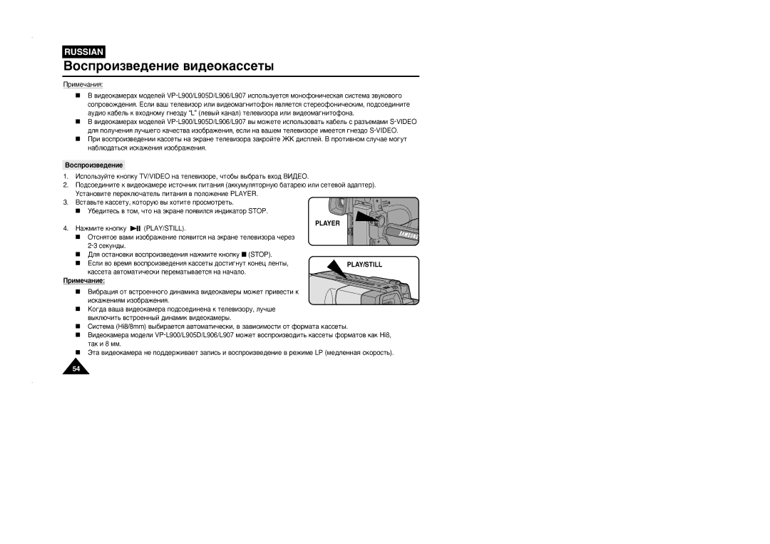 Samsung VP-L905D/XEV manual ËÏÂ˜‡ÌËﬂ, Play/Still, ‡ÒÒÂÚ‡ ‡‚ÚÓÏ‡ÚË˜ÂÒÍË ÔÂÂÏ‡Ú˚‚‡ÂÚÒﬂ Ì‡ Ì‡˜‡ÎÓ 