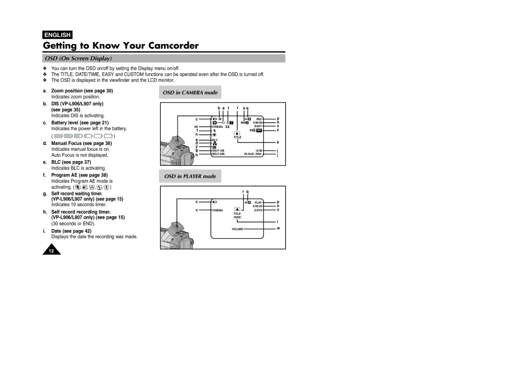 Samsung VP-L905D/XEV manual OSD On Screen Display 