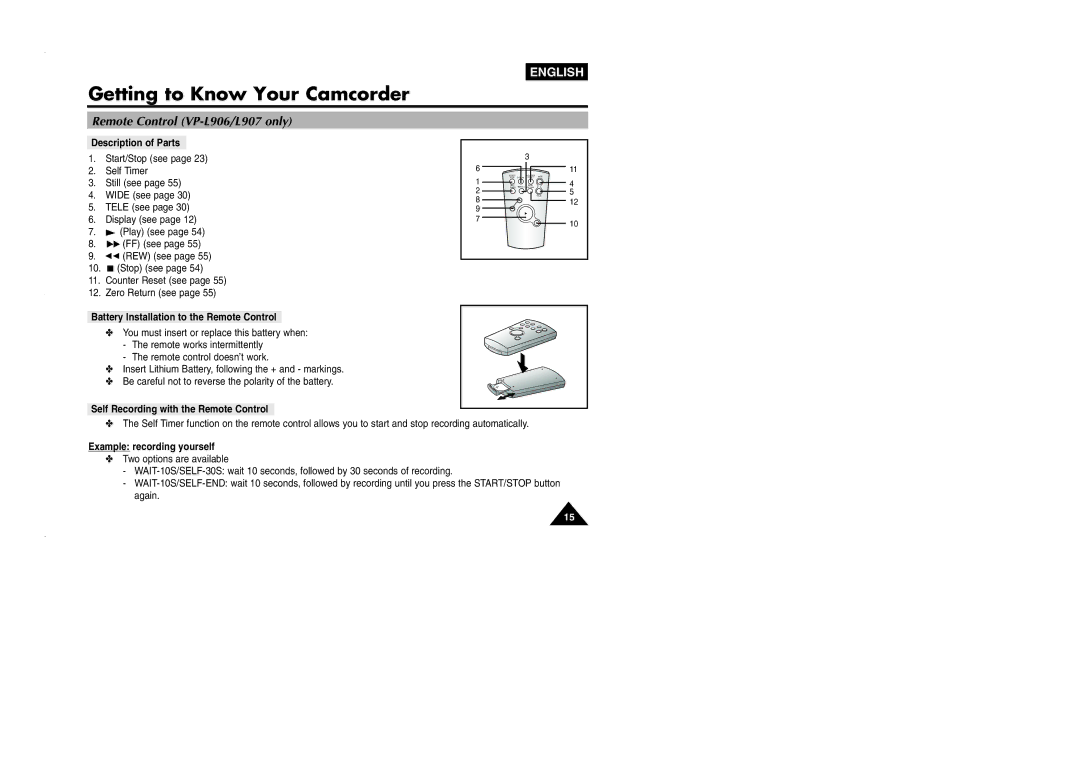 Samsung VP-L905D/XEV Remote Control VP-L906/L907 only, Description of Parts, Battery Installation to the Remote Control 