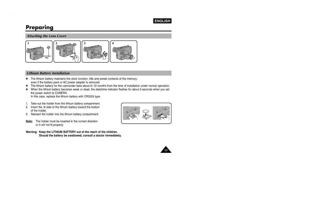 Samsung VP-L905D/XEV manual Attaching the Lens Cover Lithium Battery Installation 