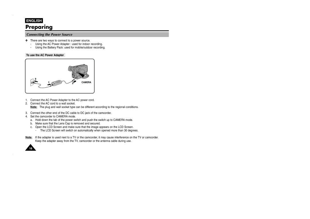 Samsung VP-L905D/XEV manual Connecting the Power Source, To use the AC Power Adapter 