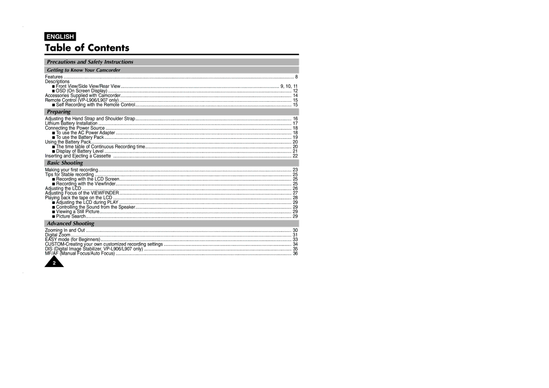 Samsung VP-L905D/XEV manual Table of Contents 