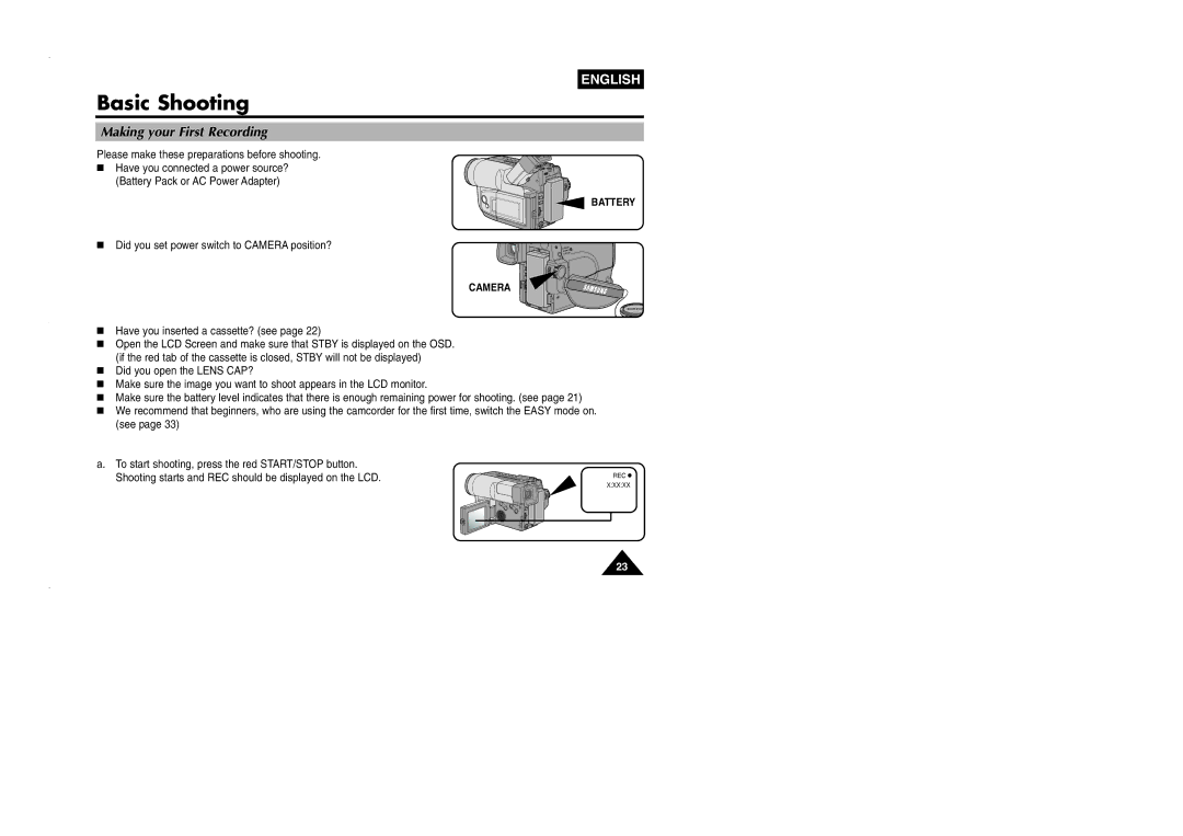 Samsung VP-L905D/XEV manual Basic Shooting, Making your First Recording 