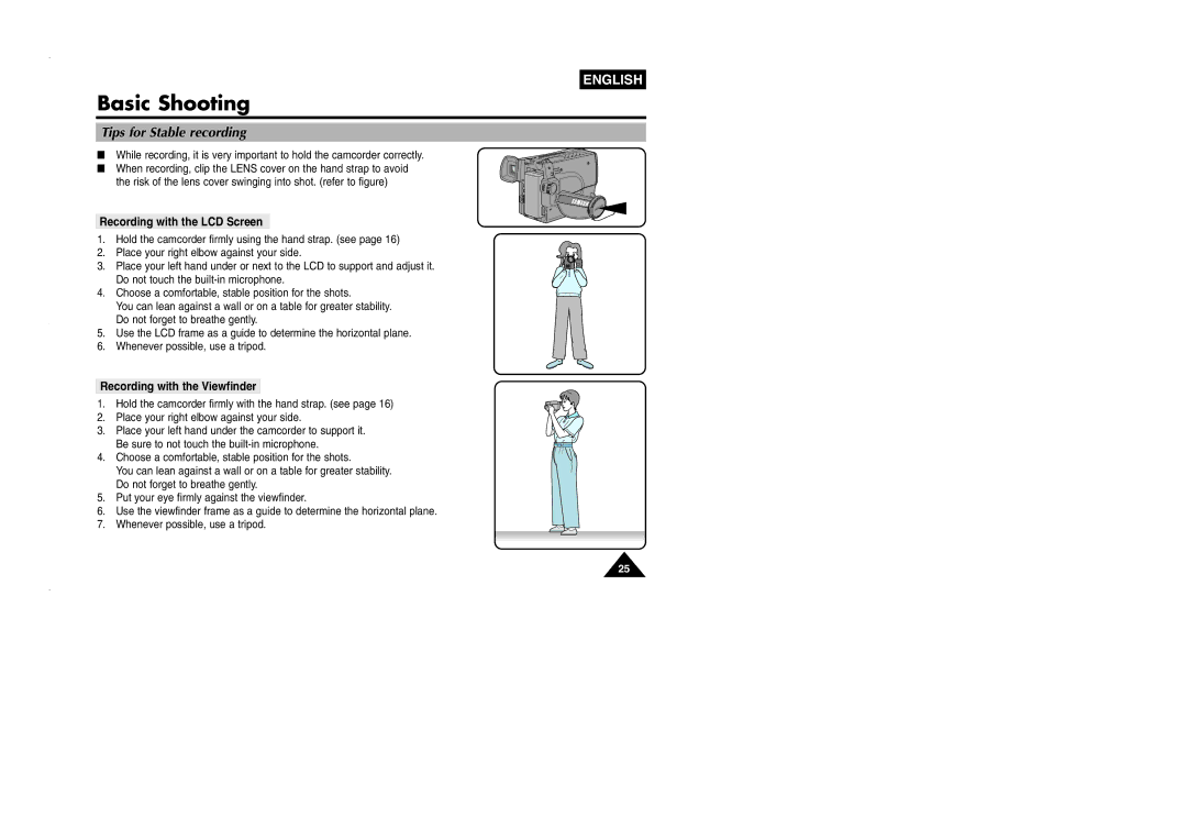 Samsung VP-L905D/XEV manual Tips for Stable recording, Recording with the LCD Screen, Recording with the Viewfinder 