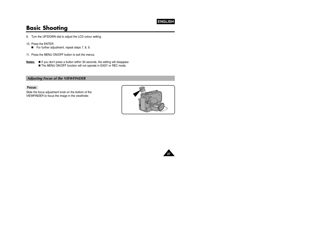 Samsung VP-L905D/XEV manual Adjusting Focus of the Viewfinder 