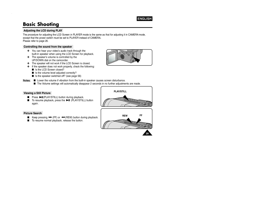 Samsung VP-L905D/XEV manual Adjusting the LCD during Play, Controlling the sound from the speaker, Viewing a Still Picture 