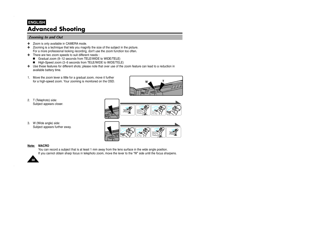 Samsung VP-L905D/XEV manual Advanced Shooting, Zooming In and Out 