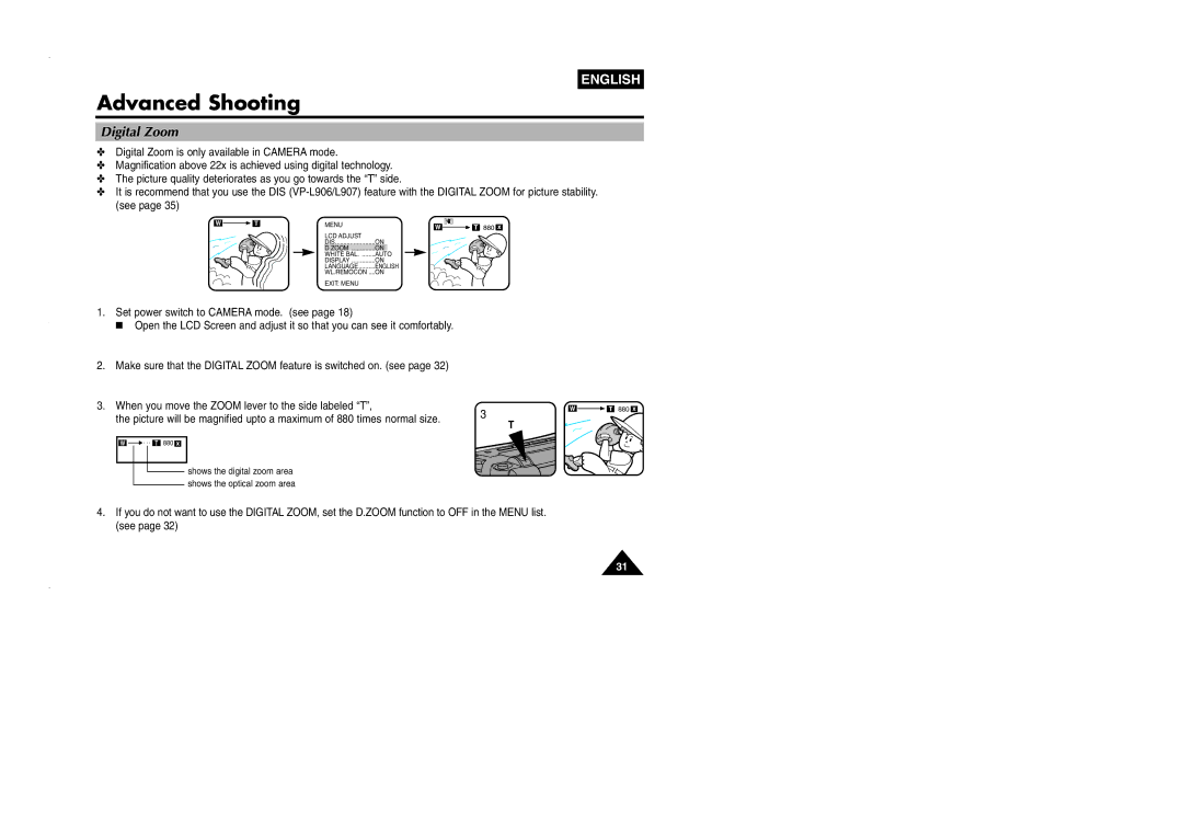 Samsung VP-L905D/XEV manual Digital Zoom 