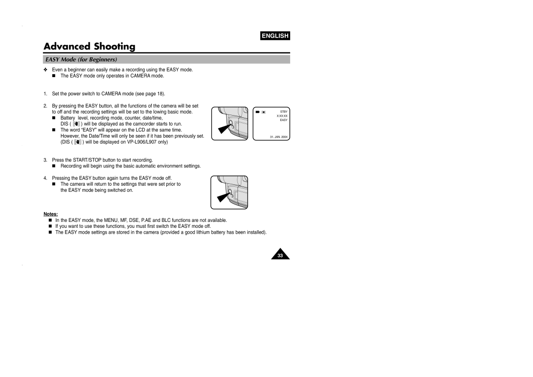 Samsung VP-L905D/XEV manual Easy Mode for Beginners 