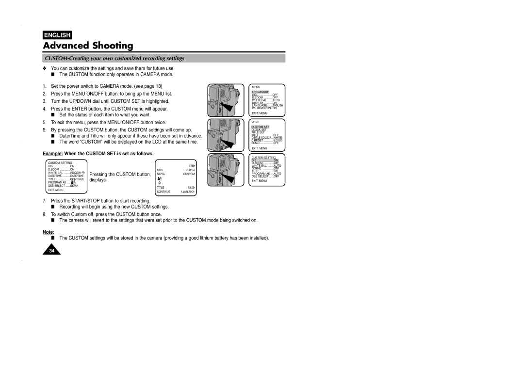 Samsung VP-L905D/XEV CUSTOM-Creating your own customized recording settings, Example When the Custom SET is set as follows 