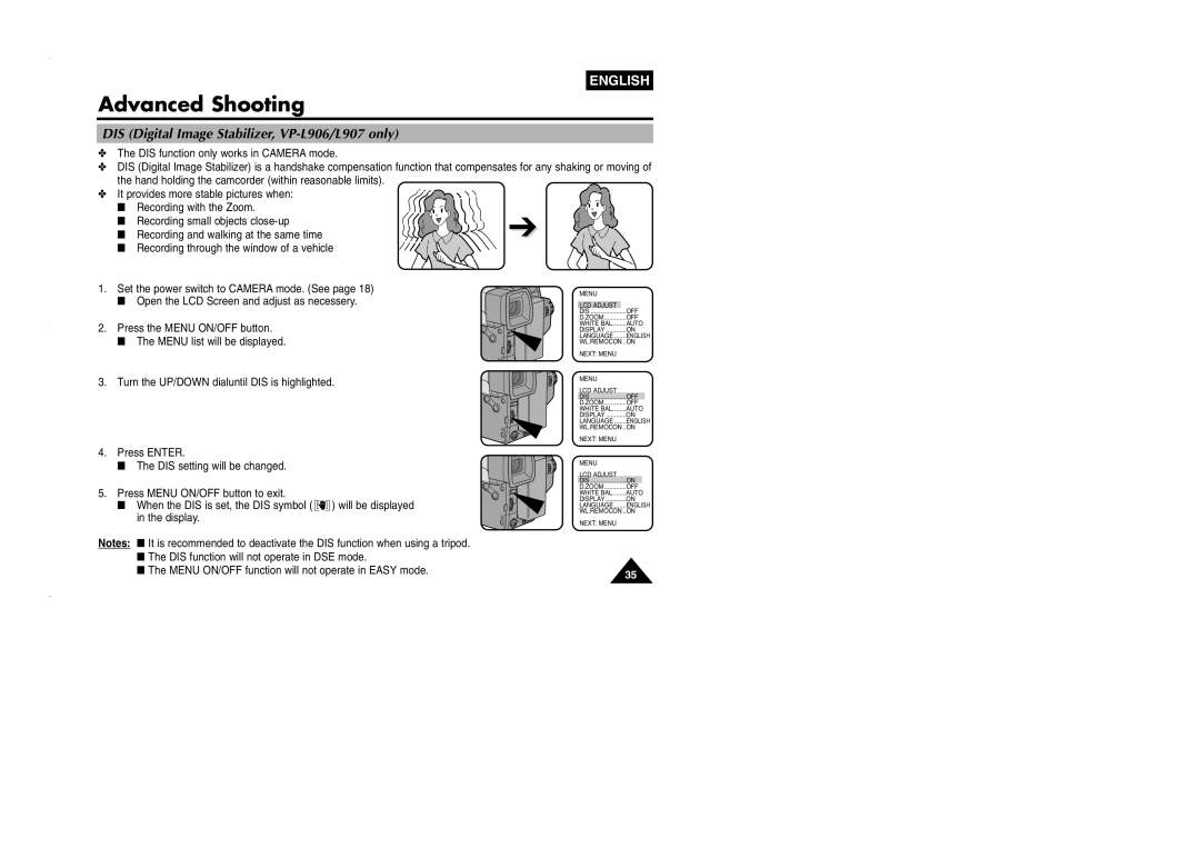 Samsung VP-L905D/XEV manual DIS Digital Image Stabilizer, VP-L906/L907 only 