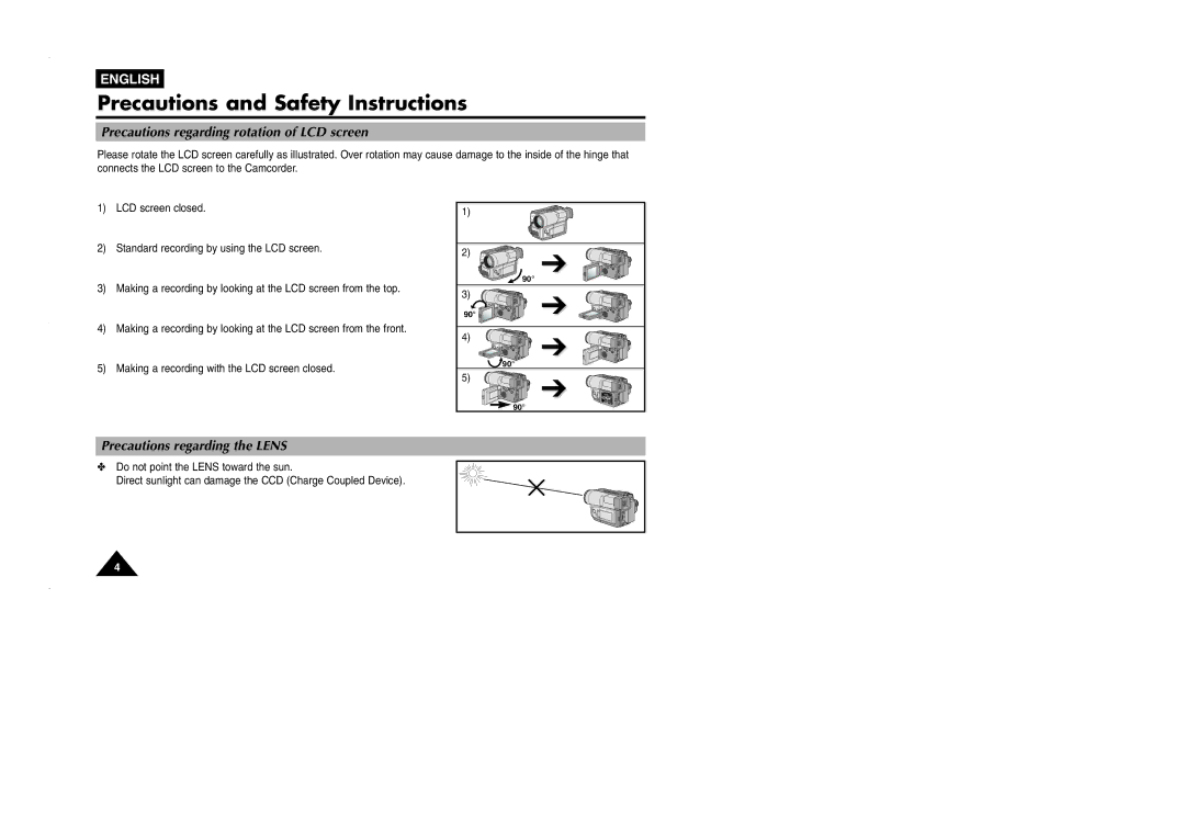 Samsung VP-L905D/XEV manual Precautions and Safety Instructions, Precautions regarding rotation of LCD screen 