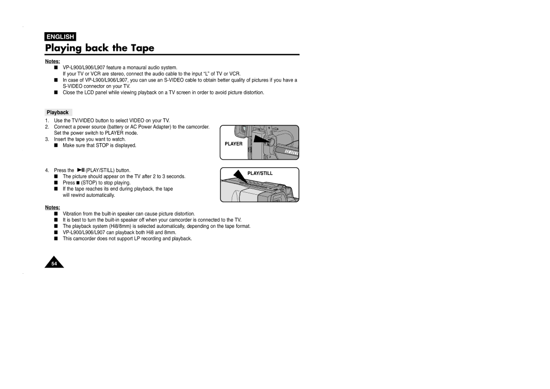 Samsung VP-L905D/XEV manual Playback 