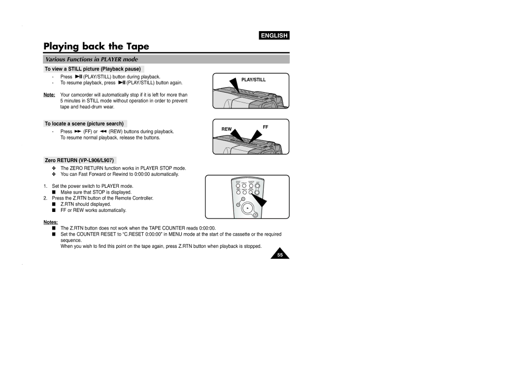 Samsung VP-L905D/XEV Various Functions in Player mode, To view a Still picture Playback pause, Zero Return VP-L906/L907 