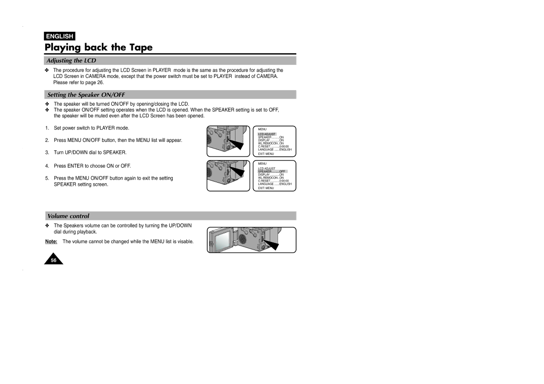 Samsung VP-L905D/XEV manual Setting the Speaker ON/OFF, Volume control 